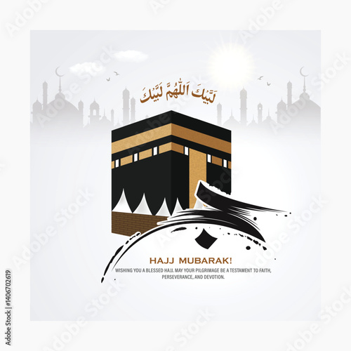 Al Hajj and Umrah Mubarak. Arabic calligraphy Translations: hajj mubrak with Creative design for social media post.