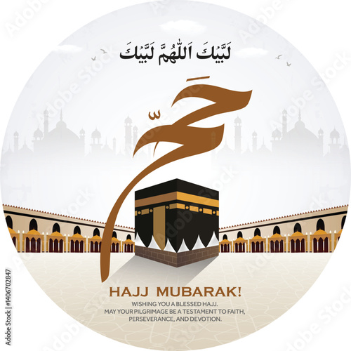 Al Hajj and Umrah Mubarak. Arabic calligraphy Translations: hajj mubrak with Creative design for social media post.