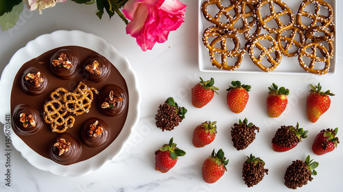 Delicious chocolate desserts including chocolate-covered strawberries and pretzel bites arranged aesthetically on a marble surface