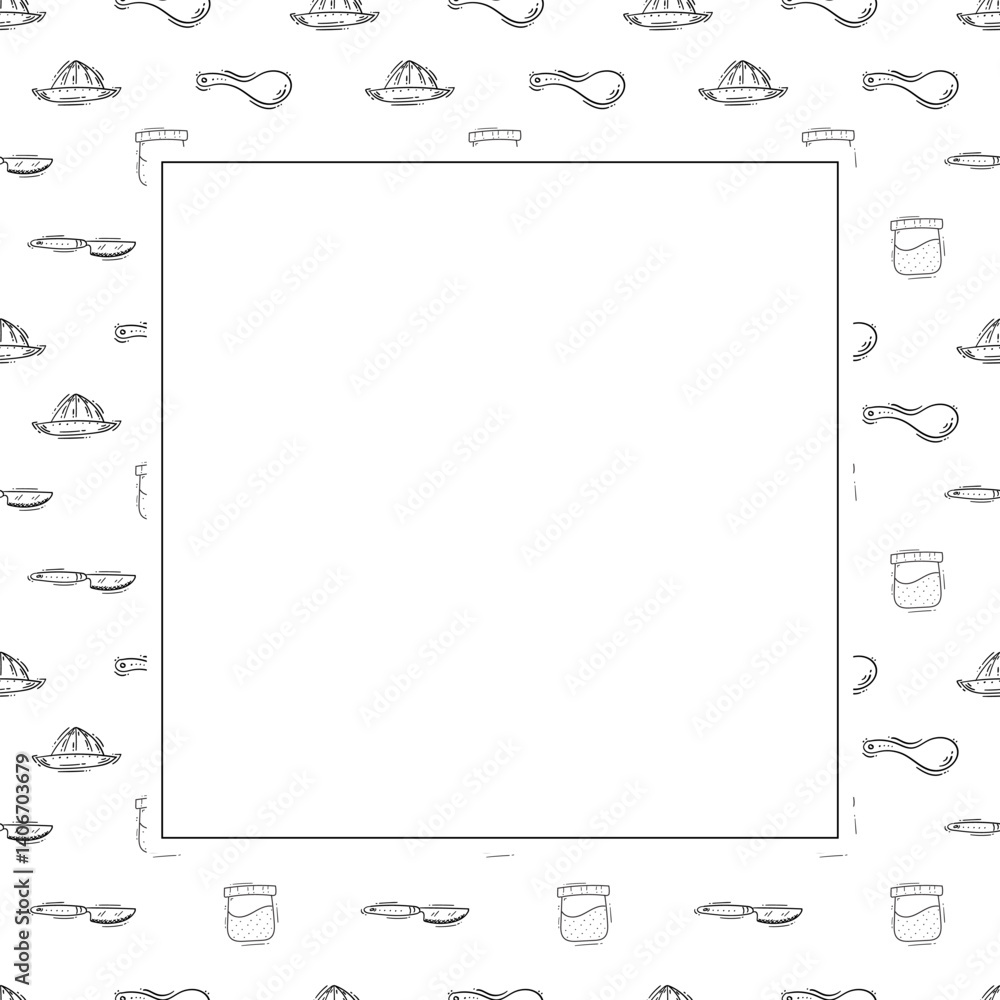 Fototapeta premium kitchen utensil frame. doodle kitchenware square frame. kitchen background