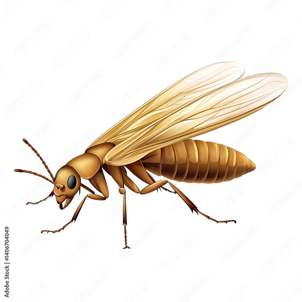 Highly detailed brown termite with segmented body antennae legs and wings viewed from above on a transparent background with realistic highlights and no shadow