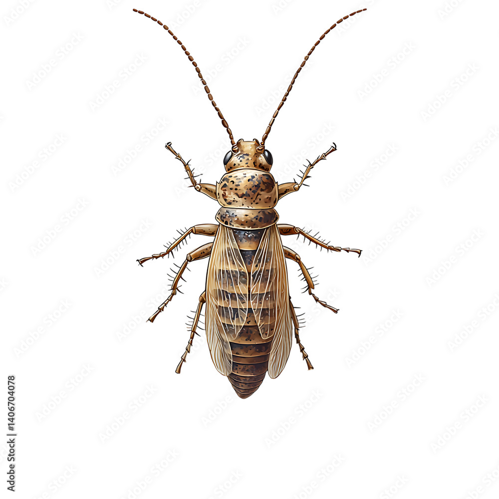 Highly detailed brown termite with segmented body antennae legs and wings viewed from above on a transparent background with realistic highlights and no shadow