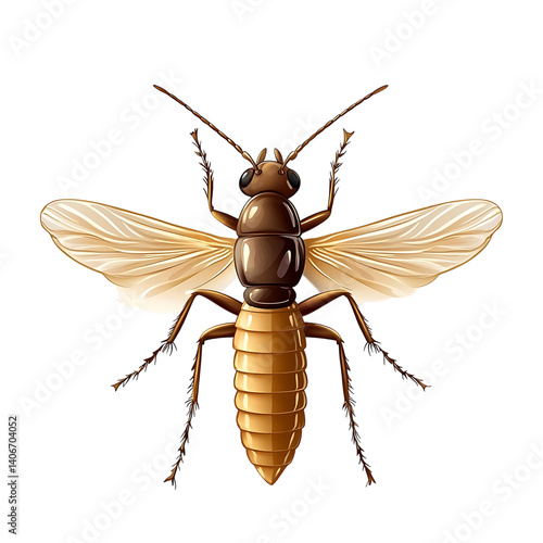 Highly detailed brown termite with segmented body antennae legs and wings viewed from above on a transparent background with realistic highlights and no shadow