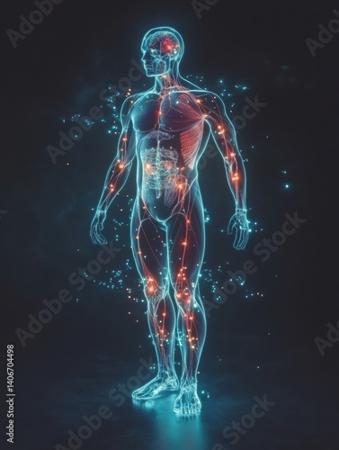Wallpaper Mural Futuristic visualization of translucent human silhouette with glowing muscle system and intricate anatomical details Torontodigital.ca