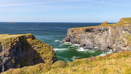 Landscape on a sunny April day. Beautiful view of the mountains and ocean. Padstow Cornwall, UK.