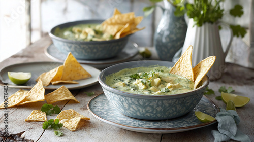 Delicious green chicken soup served with tortilla chips and lime on a rustic wooden table