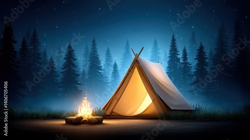 Camping adventure by campfire in serene forest nighttime digital art tranquil atmosphere cozy viewpoint