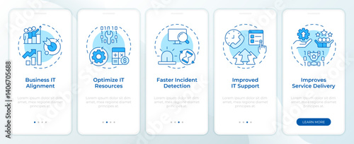 IT management benefits blue onboarding mobile app screen. Walkthrough 5 steps editable graphic instructions with linear concepts. UI, UX, GUI. Montserrat SemiBold, Regular fonts used