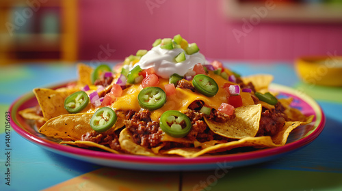 Colorful plate of delicious nachos topped with cheese, jalapeños, and sour cream