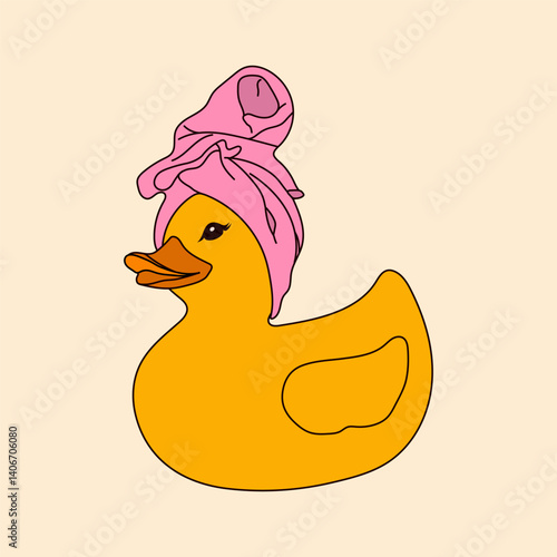 A cute rubber duck enjoying a spa day with a pink towel wrapped around its head. A playful and relaxing character design perfect for wellness, self care, and relaxation themed visuals