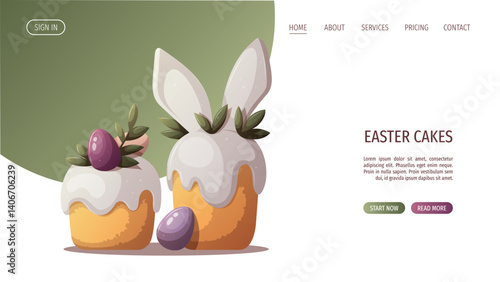 Web page design with Easter cakes and decorated easter eggs. Vector illustration for banner, website.