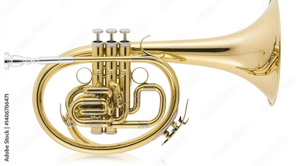 Obraz premium Brass musical instrument. Features valves and a flared bell