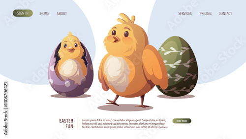 Web page design with decorated easter egg and cute Easter chicks. Vector illustration for banner, website.