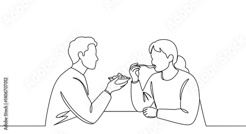 Couple sharing food with joy against a minimalistic background