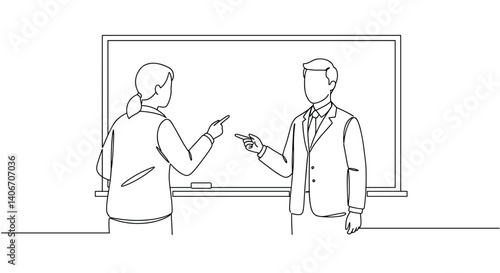 Businesspeople discussing concepts in front of a chalkboard