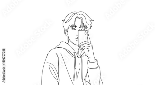 Young man taking a selfie against a minimalistic background