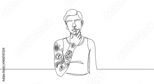 Person with tattoos contemplating in minimalist mockup background