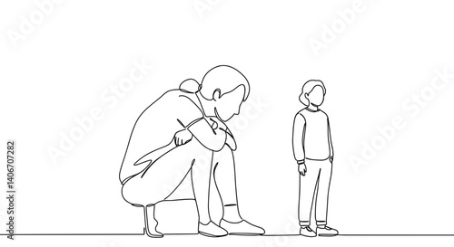 Sad person sitting with child standing in minimalistic outline art