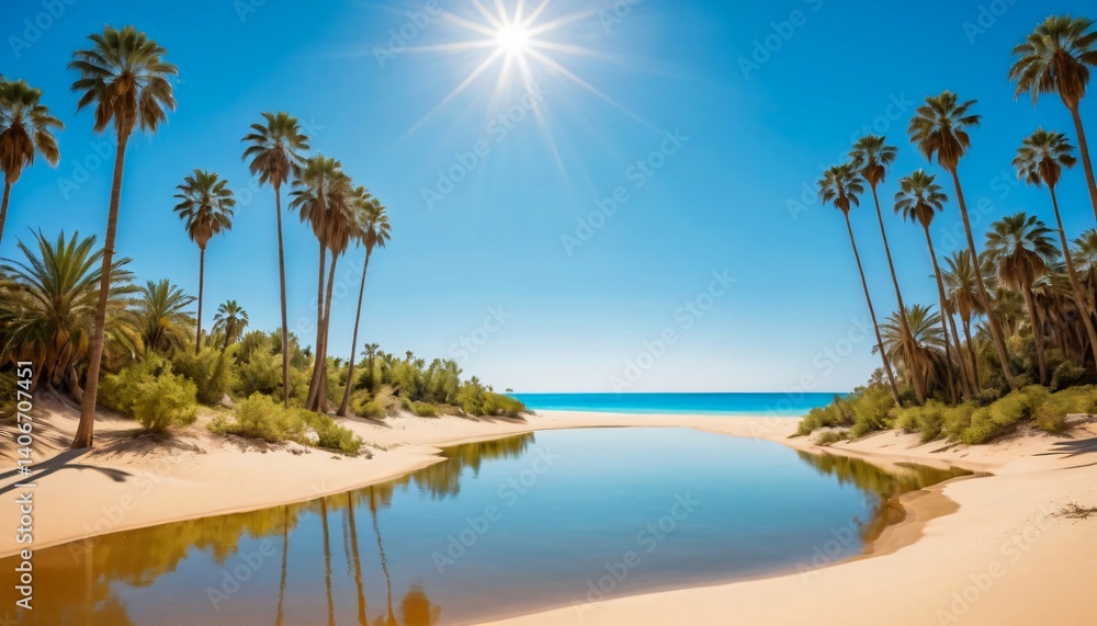 Fototapeta premium Tropical Oasis With Palm Trees and Lagoon Under Bright Sunlit Sky