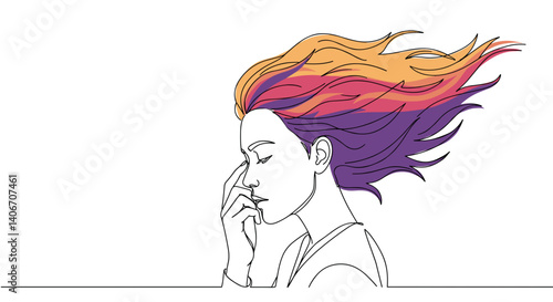Woman in profile contemplating with flowing colorful hair