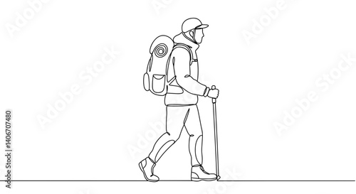 Hiker walking with a backpack on a plain background