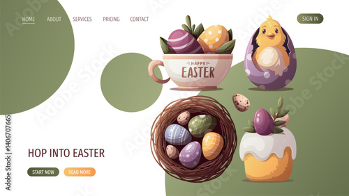 Web page design with decorated easter eggs in a bird's nest, easter cake, chick. Vector illustration for banner, website.	