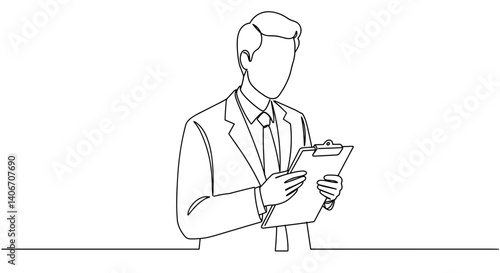 Businessman holding clipboard in minimalist line art style