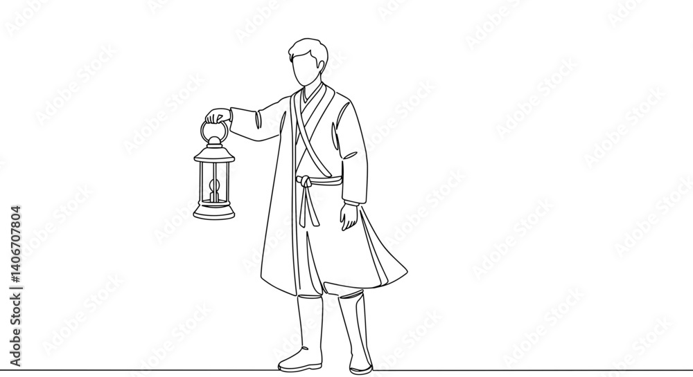 Line art of a man holding a lantern against a minimalistic background Line art of a man holding a lantern against a minimalistic background