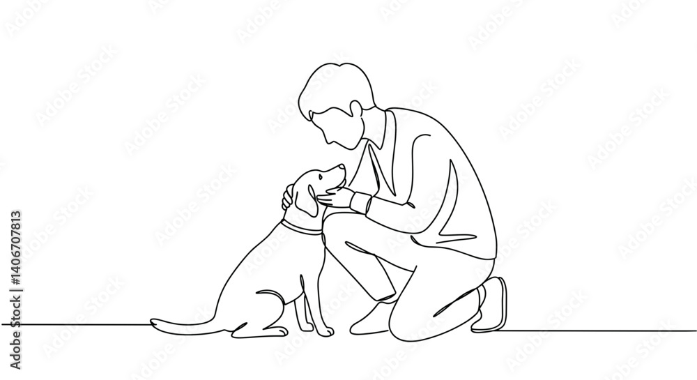 Man kneeling and petting dog on white background Man kneeling and petting dog on white background