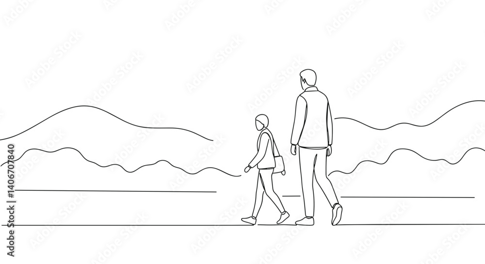 Fototapeta premium Father and child walking outdoors against a landscape background