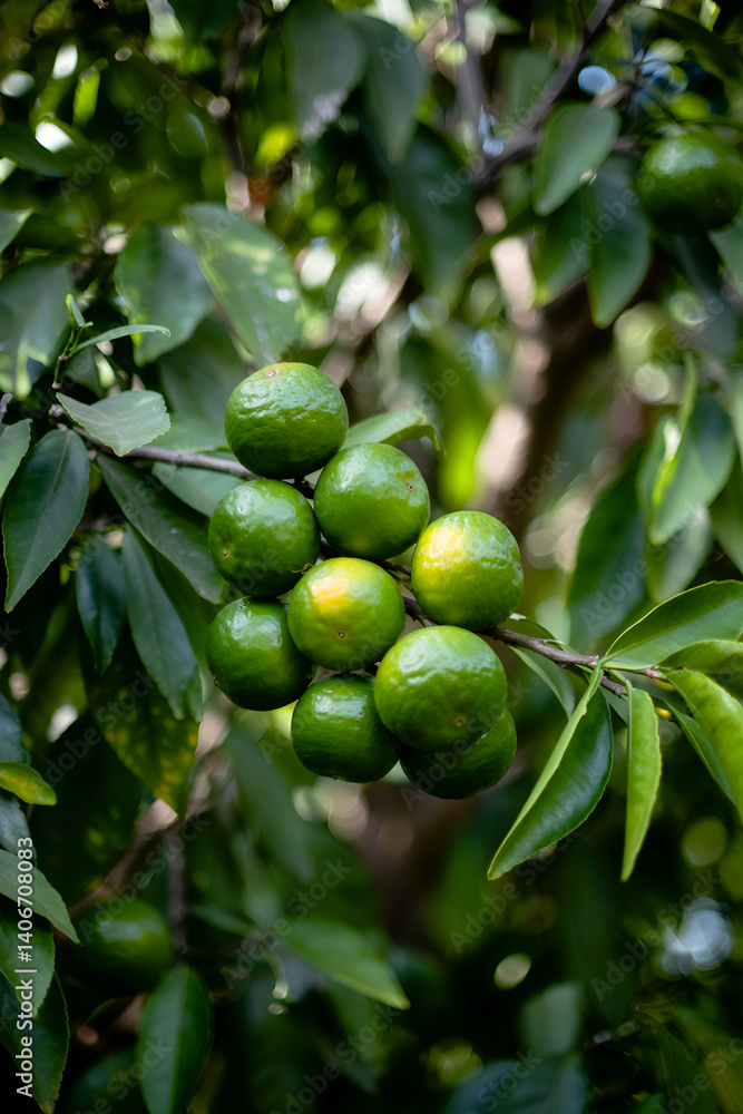 Green tangerines growing on a tree branch with lush foliage in natural light Green tangerines growing on a tree branch with lush foliage in natural light