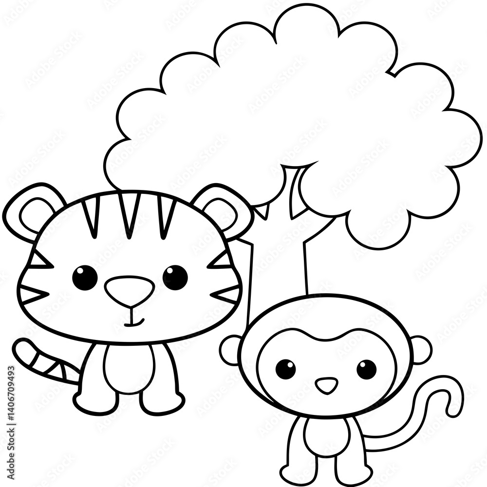 Tiger and Monkey Animal Line Art Drawing for Kids – Simple Outline Vector Illustration for Educational Design Tiger and Monkey Animal Line Art Drawing for Kids – Simple Outline Vector Illustration for Educational Design