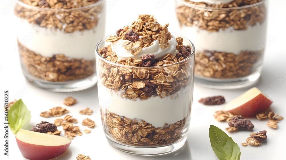 Delicious granola parfait with creamy yogurt and fresh slices in clear glasses, perfect for a healthy breakfast or snack. Delicious granola parfait with creamy yogurt and fresh slices in clear glasses, perfect for a healthy breakfast or snack.