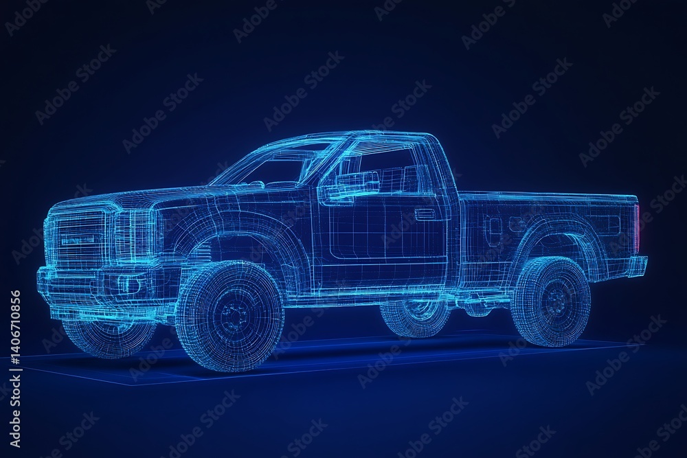 Futuristic Digital Wireframe Pickup Truck Concept – Blue Background Tech Visualization Futuristic Digital Wireframe Pickup Truck Concept – Blue Background Tech Visualization