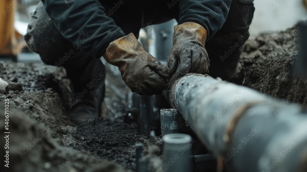 Plumber sealing PVC pipes under a building foundation at a job site. Featuring precision and durability Plumber sealing PVC pipes under a building foundation at a job site. Featuring precision and durability