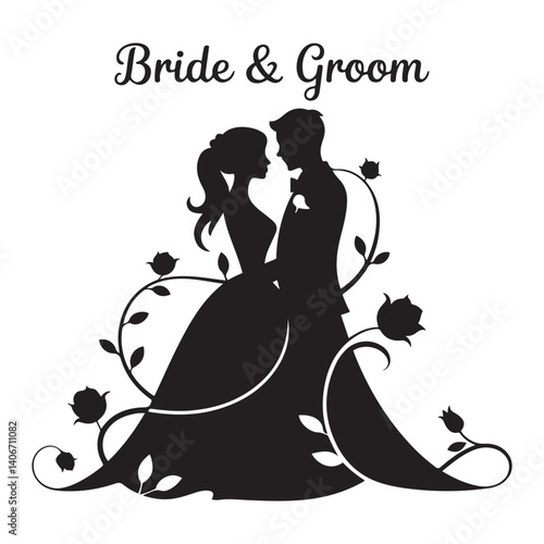Bride and groom pattern Vector Black silhouettes. with white background