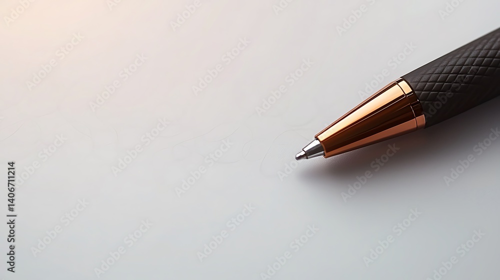 Pen with gold accents rests on a blank white paper surface, sunlight beaming behind it Pen with gold accents rests on a blank white paper surface, sunlight beaming behind it
