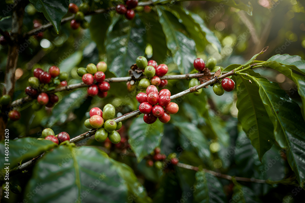 Coffee cherries growing on a branch with green leaves in natural sunlight Coffee cherries growing on a branch with green leaves in natural sunlight