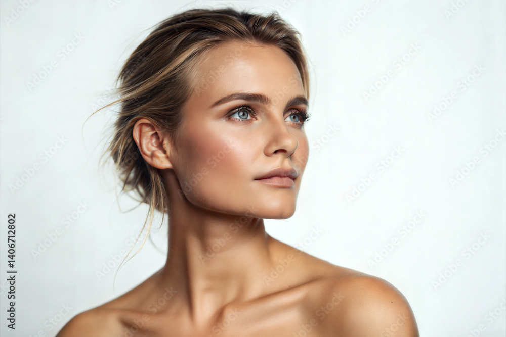 Naklejka premium Natural Beauty Captured in a Portrait of a Scandinavian Woman With Soft Features and Radiant Skin, Showcasing Her Serene Expression