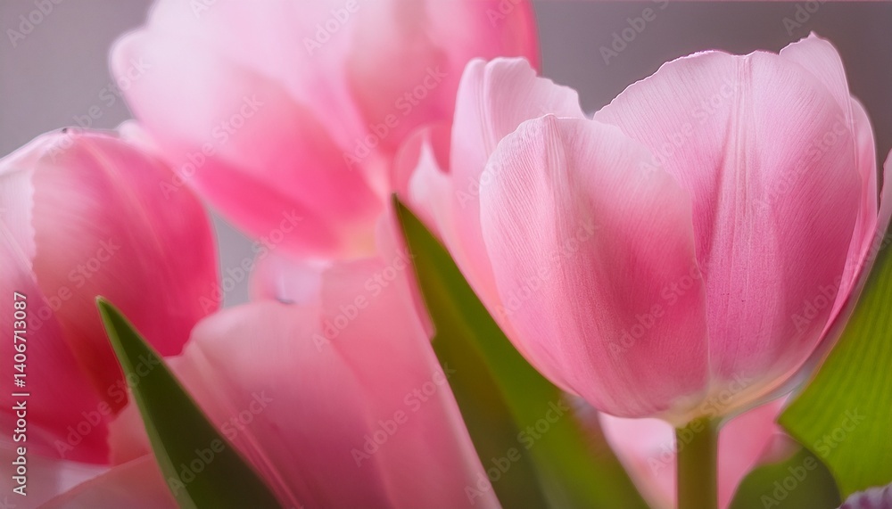 Naklejka premium A high-definition close-up captures the elegant transformation of a pastel pink tulip in breathtaking time-lapse detail. The frame opens with the flower’s tightly closed bud.