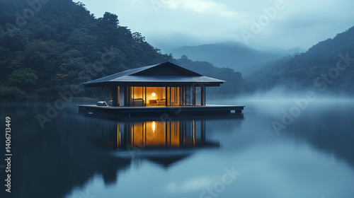 serene floating villa on misty lake under moonlight