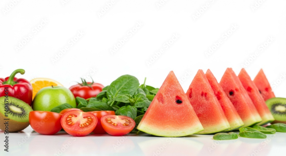Fresh Fruit and Vegetable Assortment on White Background Fresh Fruit and Vegetable Assortment on White Background