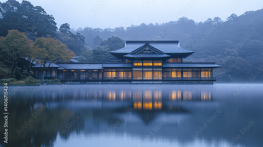 Fototapeta premium serene Japanese home with torii gate by misty lakefront
