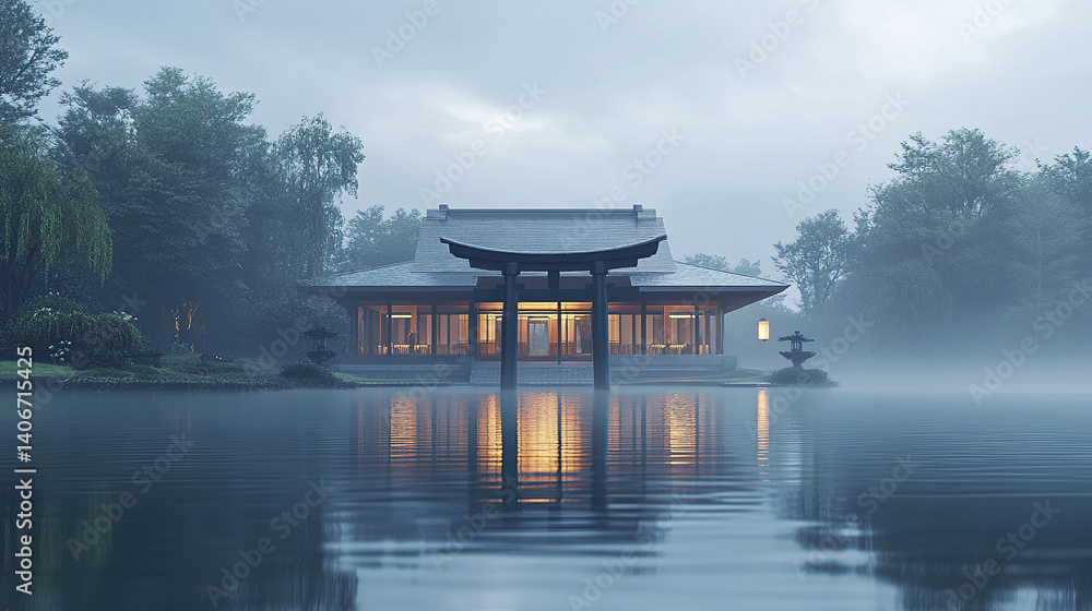 serene Japanese home with torii gate by misty lakefront serene Japanese home with torii gate by misty lakefront