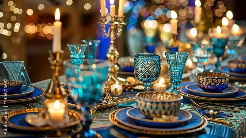 hanukkah themed table setting with menorah lit candles traditional food and festive decor, jewish holidays, cultural celebration, seasonal event promotion hanukkah themed table setting with menorah lit candles traditional food and festive decor, jewish holidays, cultural celebration, seasonal event promotion