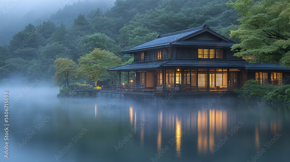 serene lakeside house with glowing lights and misty surroundings serene lakeside house with glowing lights and misty surroundings