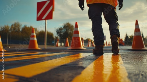 Roadwork crew member applying thermoplastic road markings. Featuring precision and urban planning