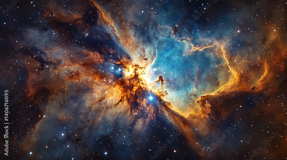 Fototapeta premium Vibrant Cosmic Nebula with Stars, A vibrant and colorful nebula in space, showcasing bright orange, blue, and yellow hues with stars