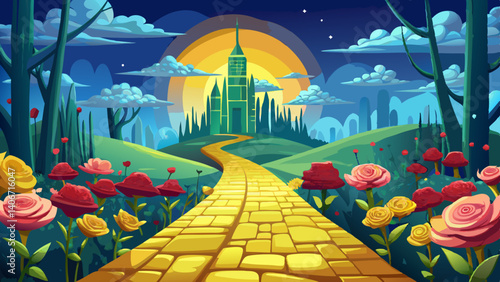 Enchanted yellow brick road leading to the magical emerald city in winter season with beautiful roses
