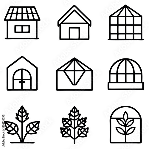 Set of Simple Line Art Greenhouse Designs